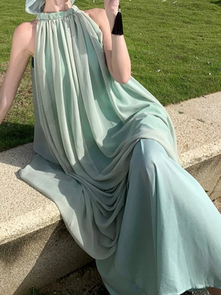 Sleeveless Summer Midi Dress Halter Loose Party Beach Holiday Vestidos Female Clothes New Robe