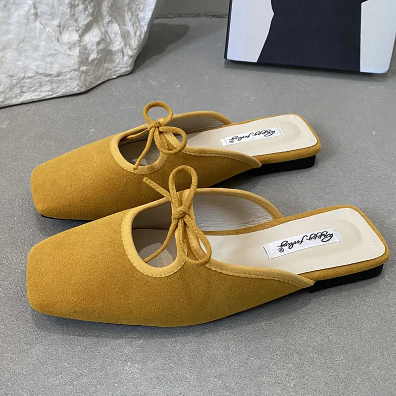 Summer New Flat Slipper Square Toe Slip on Mules Shoes Soft Flat Heel Outdoor Dress Sandal Slides New Woman