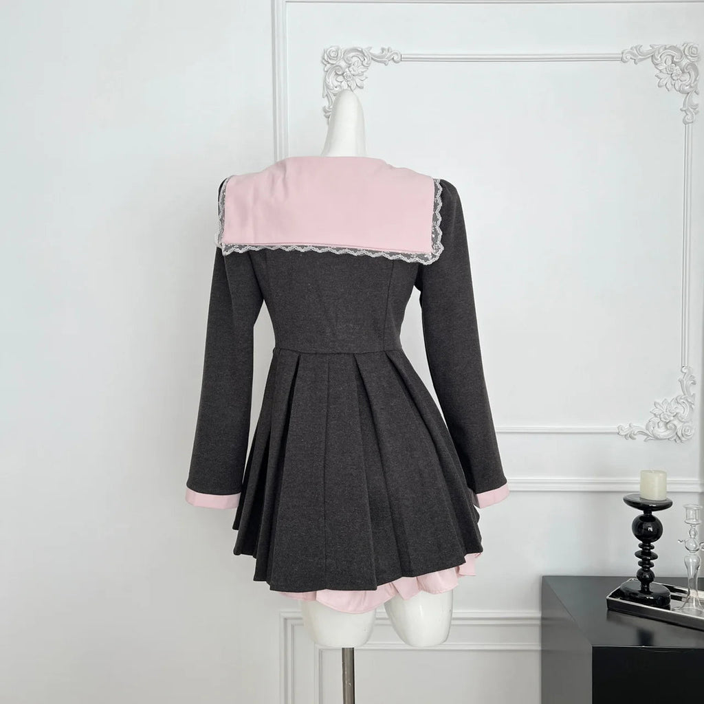 College Style Navy Collar Long Sleeve Pleated Dress Spring/autumn New Sweet Bow Waist Cinched Slim Aline Mini Dress for