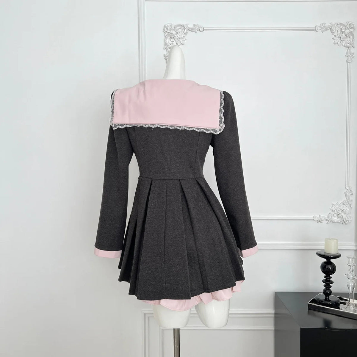 College Style Navy Collar Long Sleeve Pleated Dress Spring/autumn New Sweet Bow Waist Cinched Slim Aline Mini Dress for
