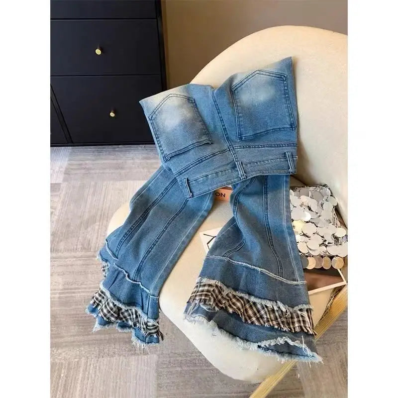 Minimally Designed Micro Flared Jeans Autumn Spring Niche Plaid Splicing Slim Versatile Long Pants