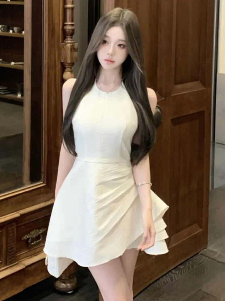 Halter Irregular Jumpsuit Dresses Sweet White Backless Birthday Party Mini Dress Female Pleated Aline Short Vestidos