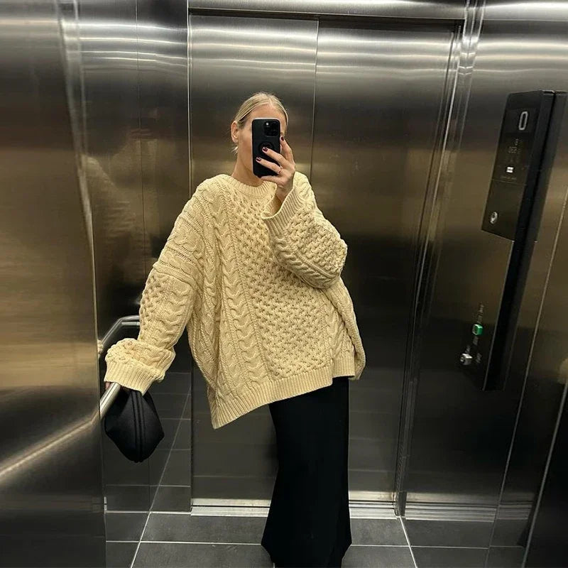 Oversized Knit Twist Pullovers Loose Lazy O-neck Long Sleeve Sweaters Female Autumn New Street Knitwear
