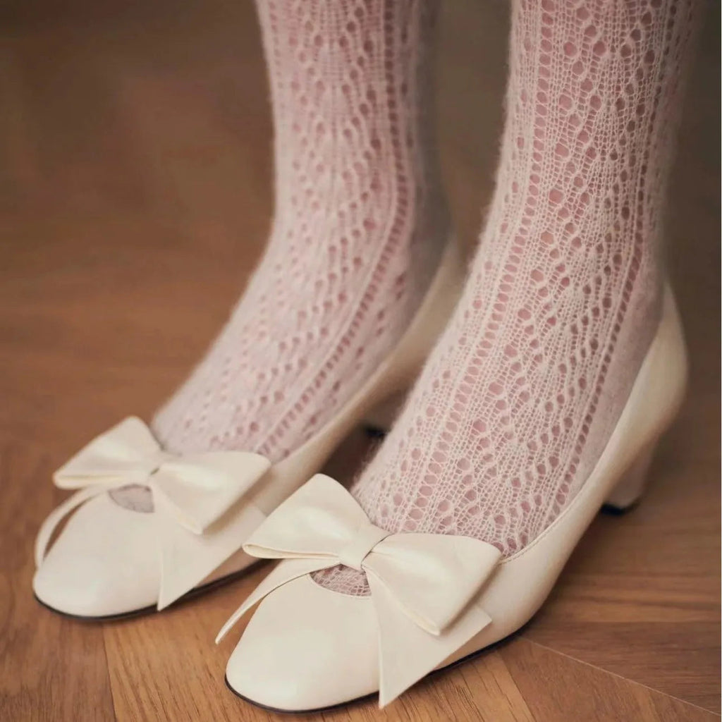 Round Toe Bow Decor Pumps Block Low Heels Slip on Hollow Sweet Dress Daily Shoes Party Design Sandals