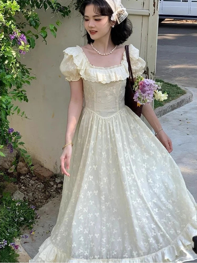 Lace Ruffles Long Dresses Square Neck Spring Summer Princess Dress Aline Sweet Vestidos Mujer