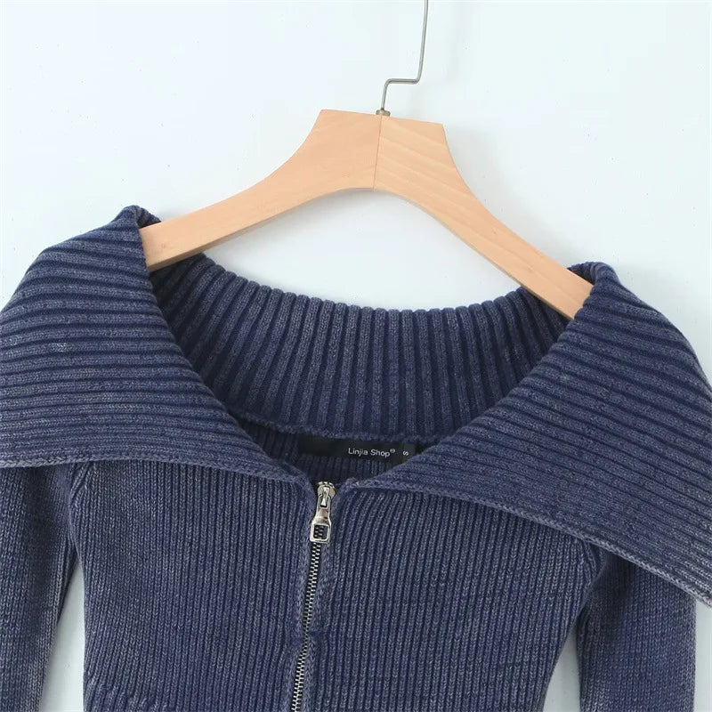 Knitted Cardigan Big Lapel Off Shoulder Full Sleeve Midriffbaring Sweater Female Autumn New