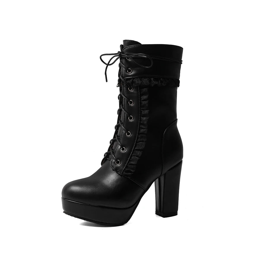 Ruffles Lolita Wedding Boots Chunky Block Square High Heels Lace Up Thick Platform Gothic Shoes Black White Pink