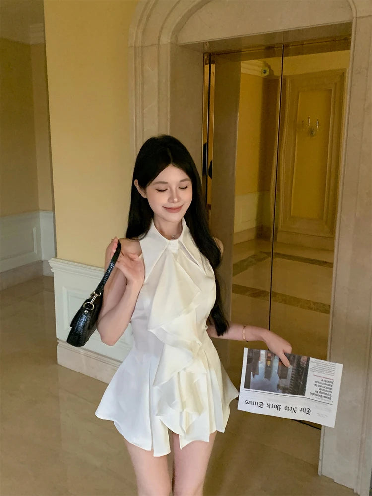White Ruffle Edge Polo Neck Sleeveless Shirt Top Summer French Style Mid Length Waist Slim Blouses Clothing