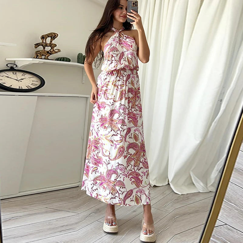 Female Off Shoulder Hollow Out Holiday Beach Dress Pattern Print High Waist Long Dress Summer Halter Loose Dress