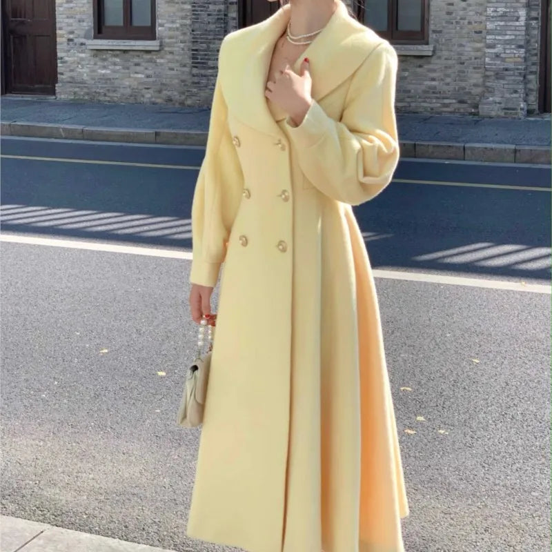 ’s Long Coats Winter New Outerwear Lapel Double Breasted Lantern Sleeve Woolen Overcoats