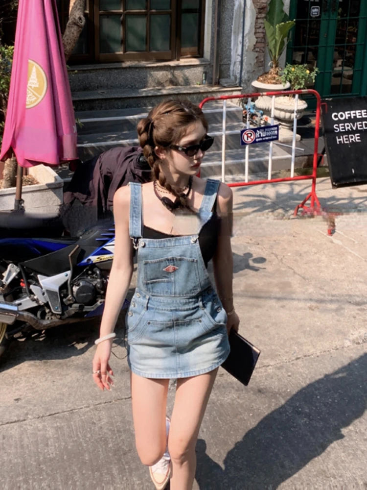 Japanese Kawaii Jean Strap Mini Dress 2000s Y2k Clothing Sleeveless Denim Dress Korean Even Party Outwear
