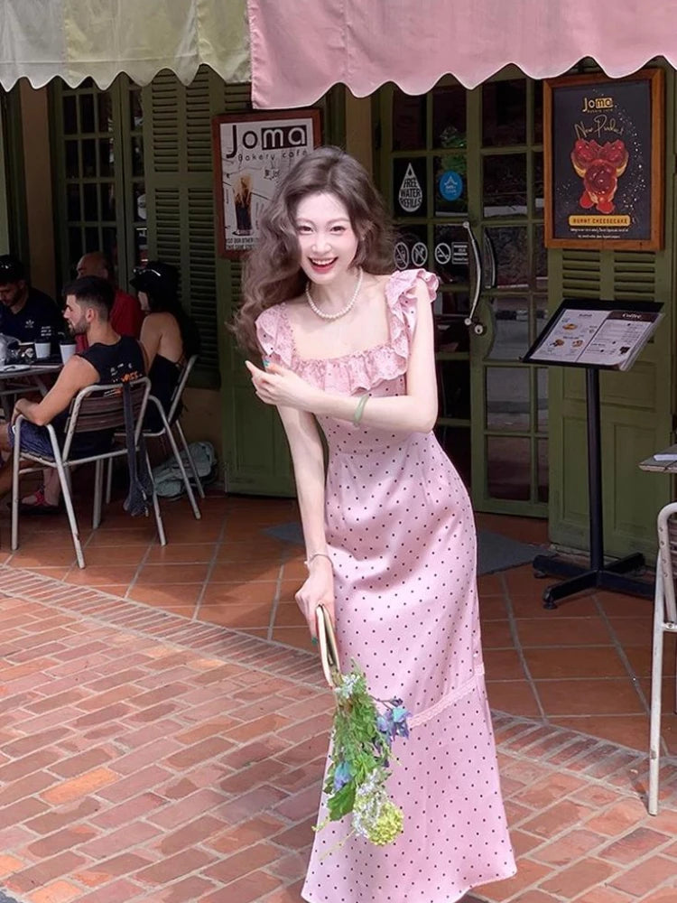 French Satin Midi Dress Female Lace Sleeveless Ruffles Dress One Piece Dress Korean Evening Party