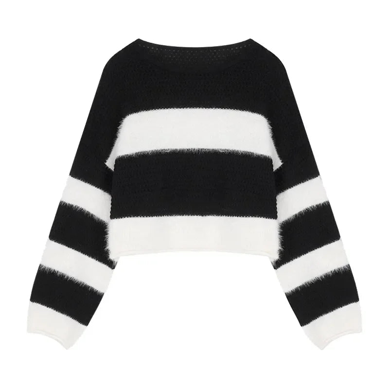 High Street Loose Soft Cashmere Long Sleeve Sweater Winter New Oneck Contrast Color Striped Knitted Crop Tops
