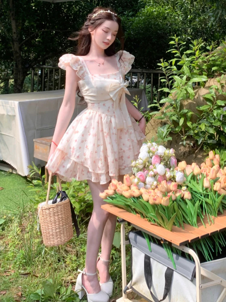 Beach Y2k Mini Dress Sweet Short Sleeve Dress One Piece Dress Korean Summer Japanese Kawaii