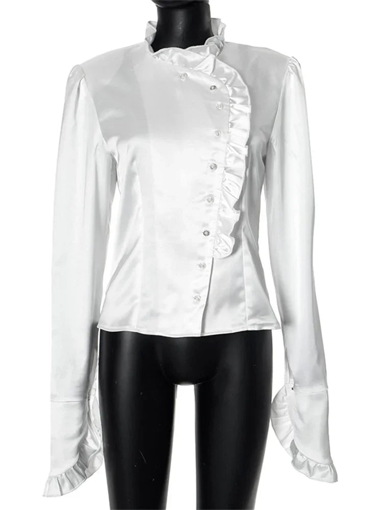 Taivimart - White Ruffled Shirts for Patchwork V-neck Long Sleeve Autumn Female Cardigan Blouses