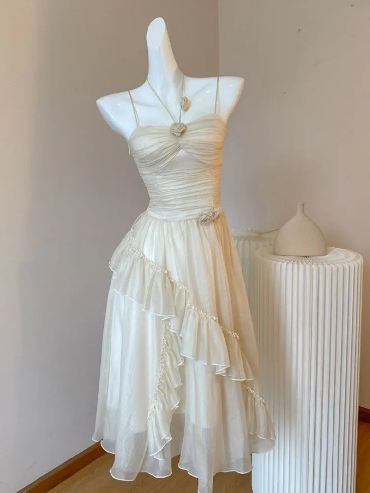 Ruffles Fairy Midi Dresses Summer Folds Birthday Evening Party Vestidos Korean Sweet Spaghetti Straps Dress