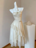 Ruffles Fairy Midi Dresses Summer Folds Birthday Evening Party Vestidos Korean Sweet Spaghetti Straps Dress
