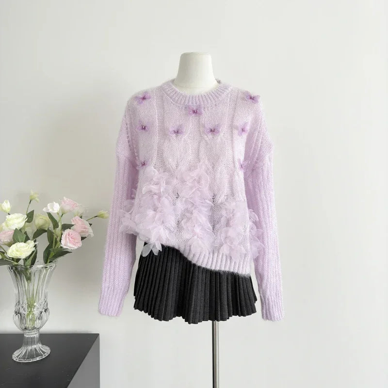Sweet Hot Girl Butterfly Flower Sweater Autumn/winter Oneck Loose Longsleeved Knitted Sweater Female Clothes