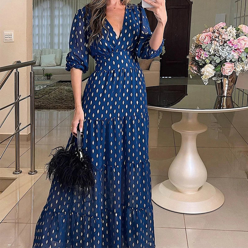 Deep V Neck High Street Dress Autumn Holiday High Waist Long Dress Polka Dot Short Sleeve Pleated Party Dress