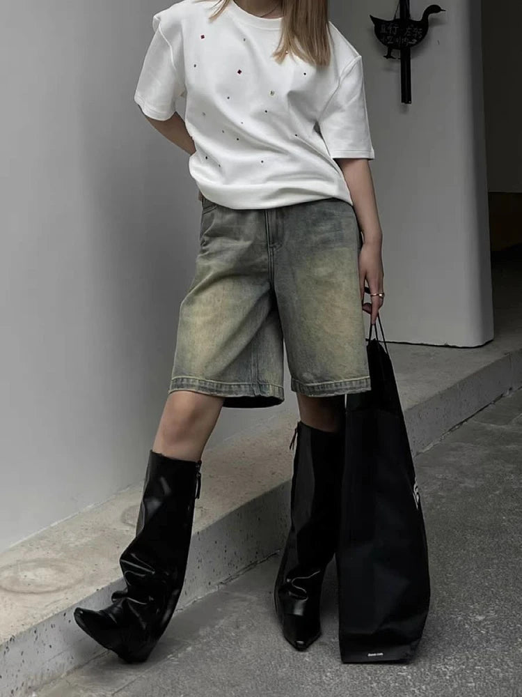 Woman Tight Bodycon Jeans Tiedyed Denim Knee Length Shorts Basic Simple Classical Hot High Street Gyaru Kpop 90s