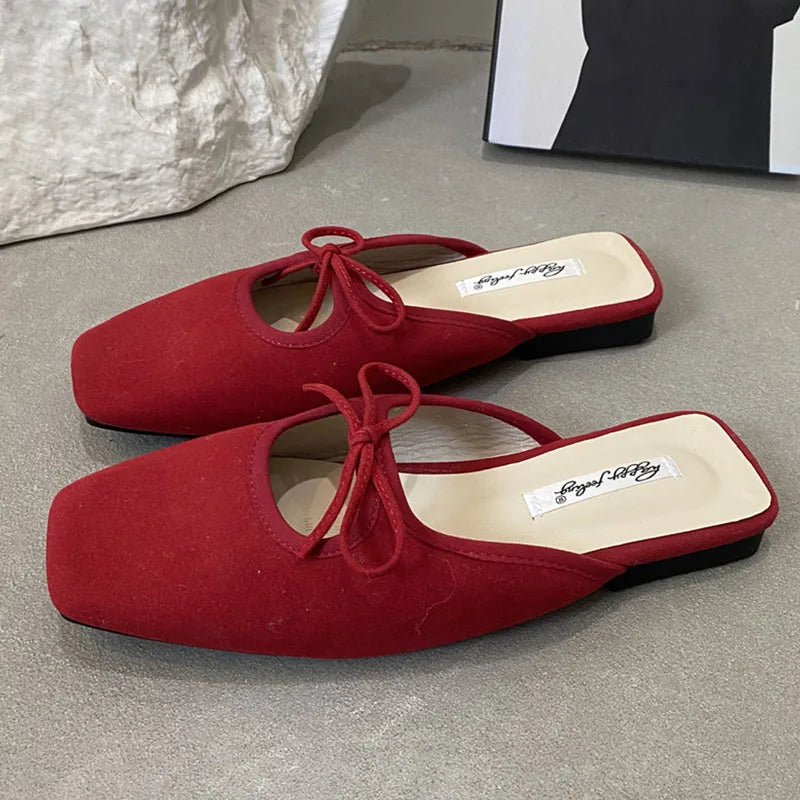 Summer New Flat Slipper Square Toe Slip on Mules Shoes Soft Flat Heel Outdoor Dress Sandal Slides New Woman