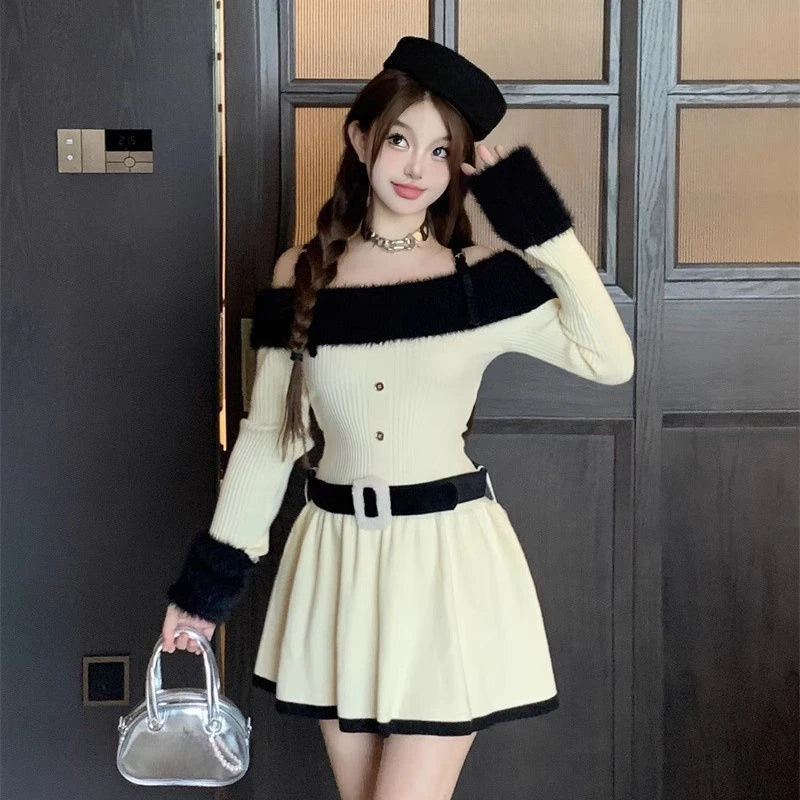 Knitted Dresses Autumn Winter Long Sleeve Slash Neck Slim Mini Dress Party Female