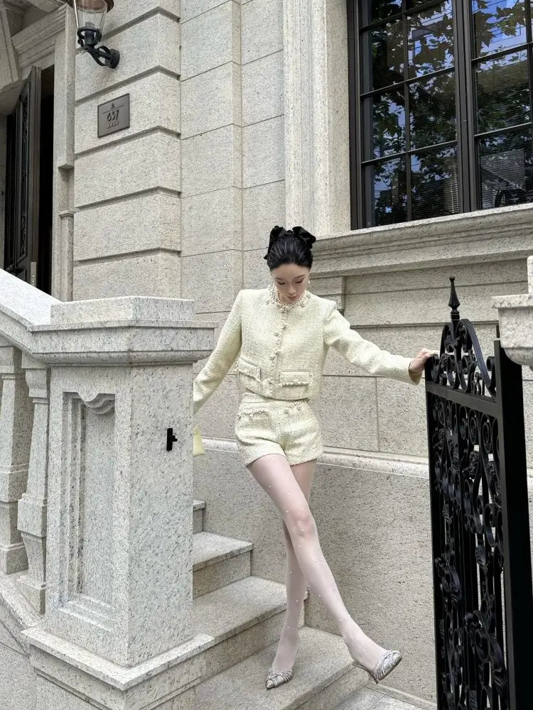 Autumn French Highend Suit Socialite Sweet Short Coat Top High Waist Slim Shorts Set Commuter Two Piece Sets Outfits