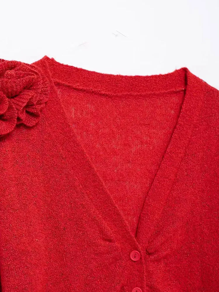 Knitted 3d Flowers Cardigan Retro V-neck Slim Long Sleeve Short Sweaters Female Spring Street Knitwear