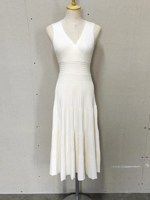 V-neck Backless Knit Maxi Dress for Slim Party Dress High Waist Ribbed Patchwork Long Dress