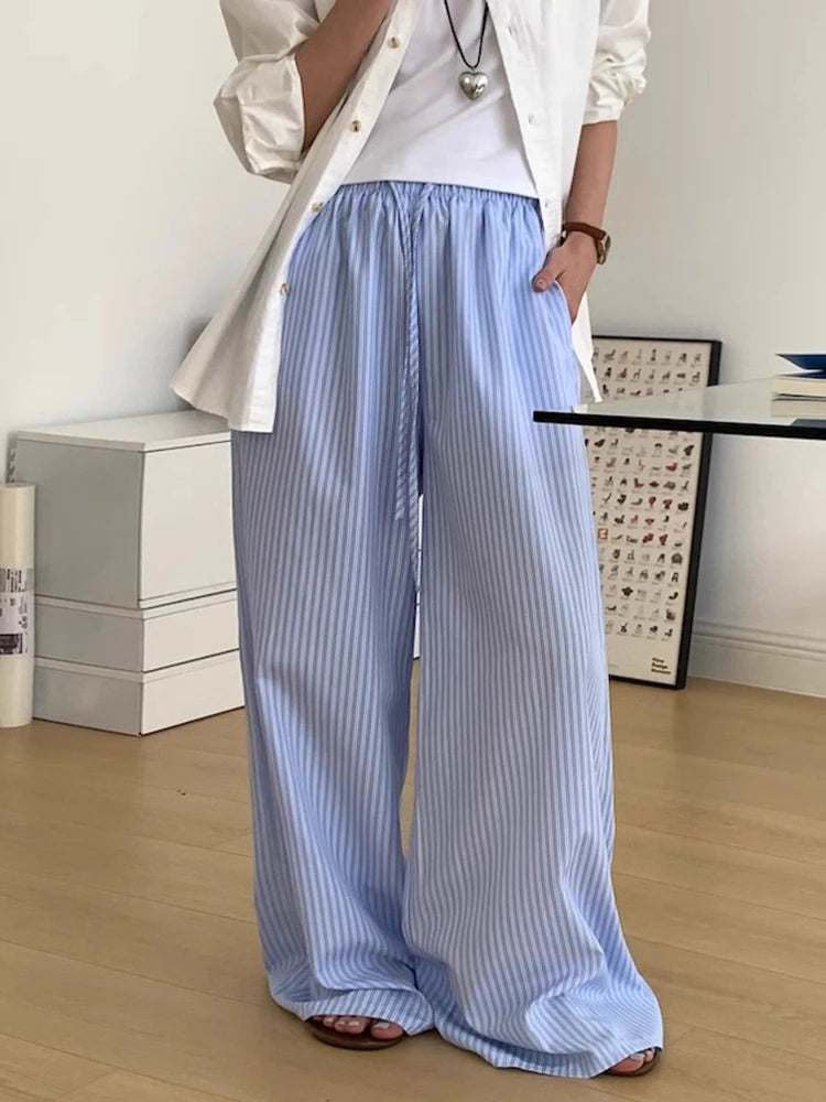 Korean Summer Age Reducing Temperament Elastic Waist Drawstring Loose Versatile Striped Pants Floor