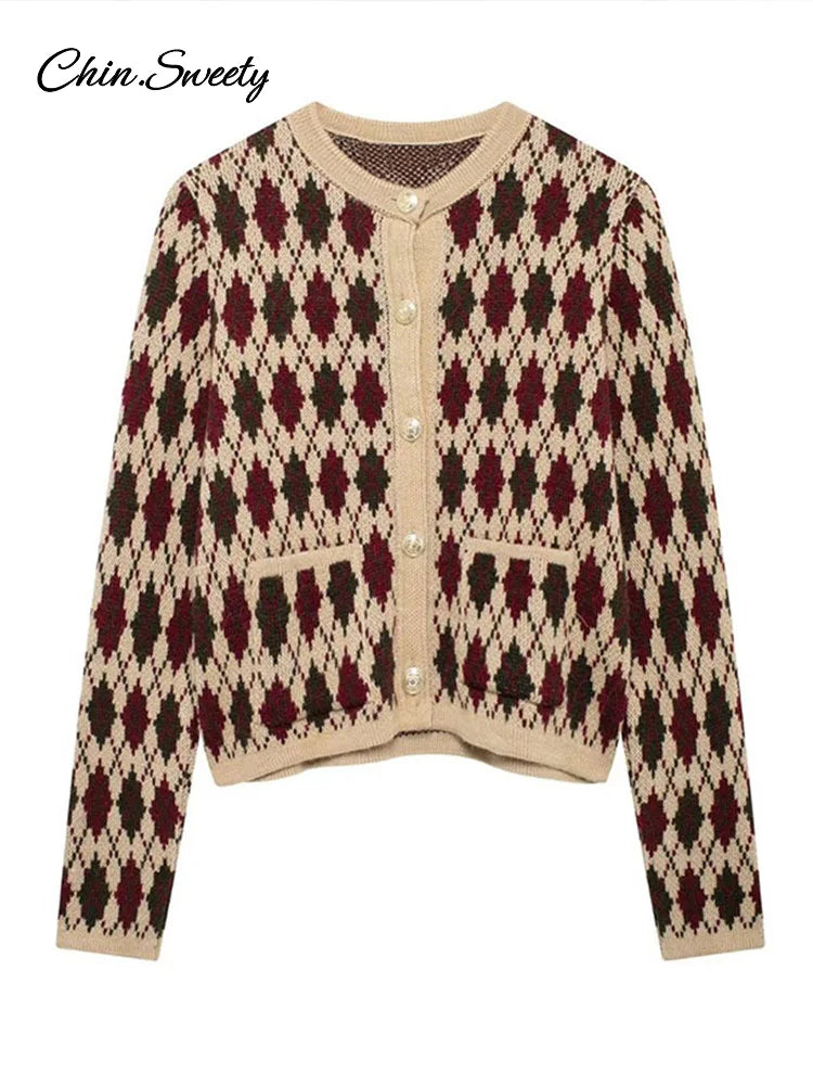 Plaid Knitted Slim Cardigan Autumn O-neck Long Sleeve Metal Button Short Sweater Coat Lady All-matching Knitwear New