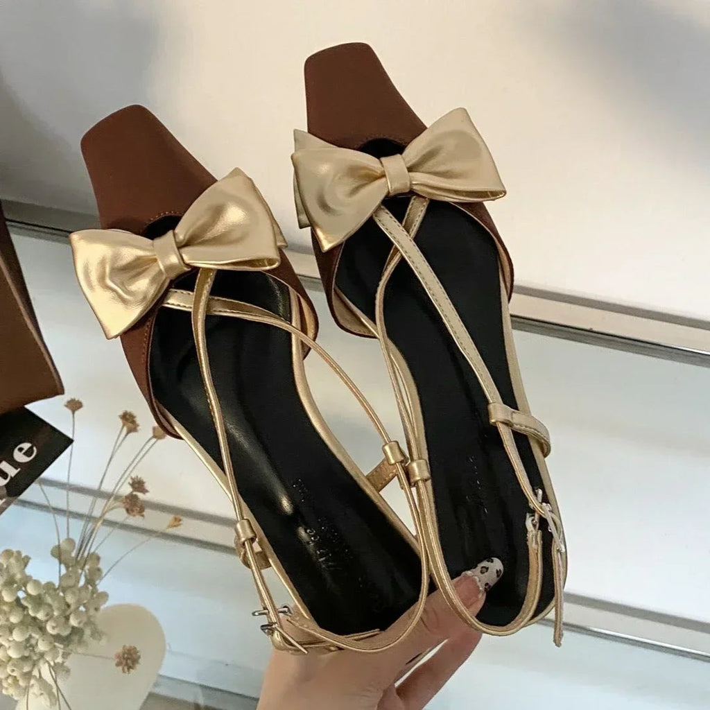 Sweet Butterflyknot Low Heel Mules Shallow Dress Shoes Female Comfy Crosstied Square Toe Slingback Sandals
