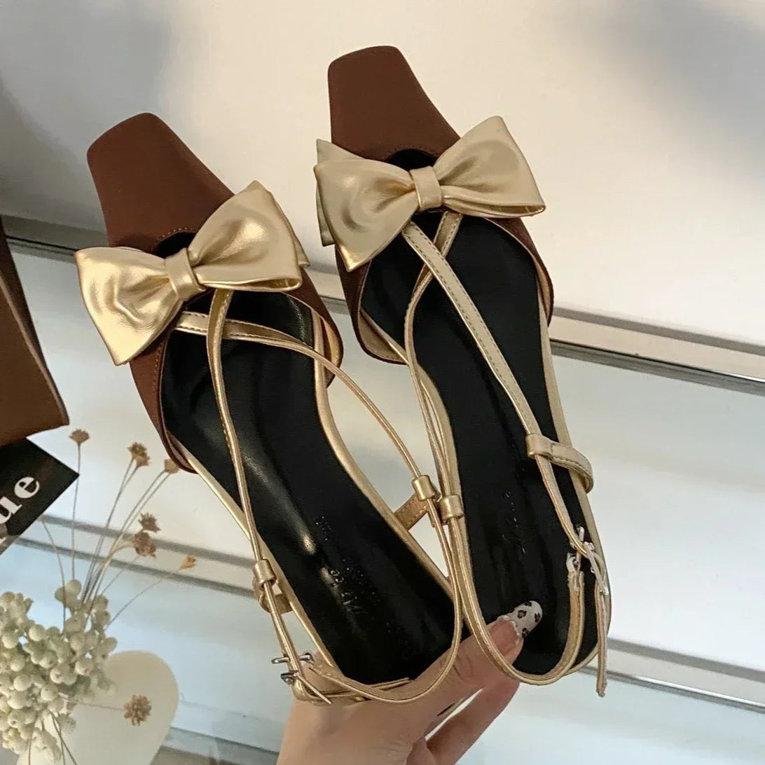 Sweet Butterflyknot Low Heel Mules Shallow Dress Shoes Female Comfy Crosstied Square Toe Slingback Sandals