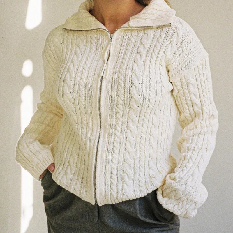 Knit Sweater Cardigan for Patchwork Winter Long Sleeve Lapel Zipper Outwear Knitwear Female New