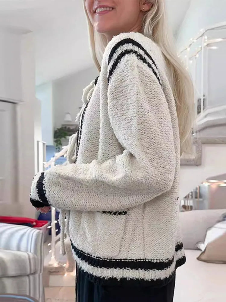 Knitted Lace Up Cardigan Winter Loose Contrast Color O-neck Pockets Sweaters Female Warm Knitwear