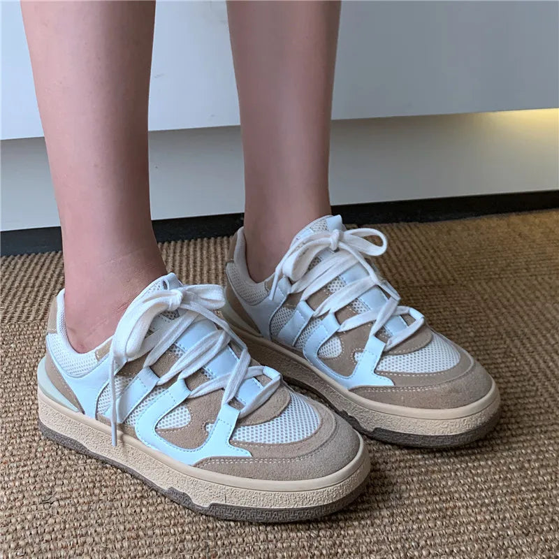 Sneakers Spring Summer Outdoor Mixed Colors Genuine Leather Crosstied Shoes Woman Flats Platforms