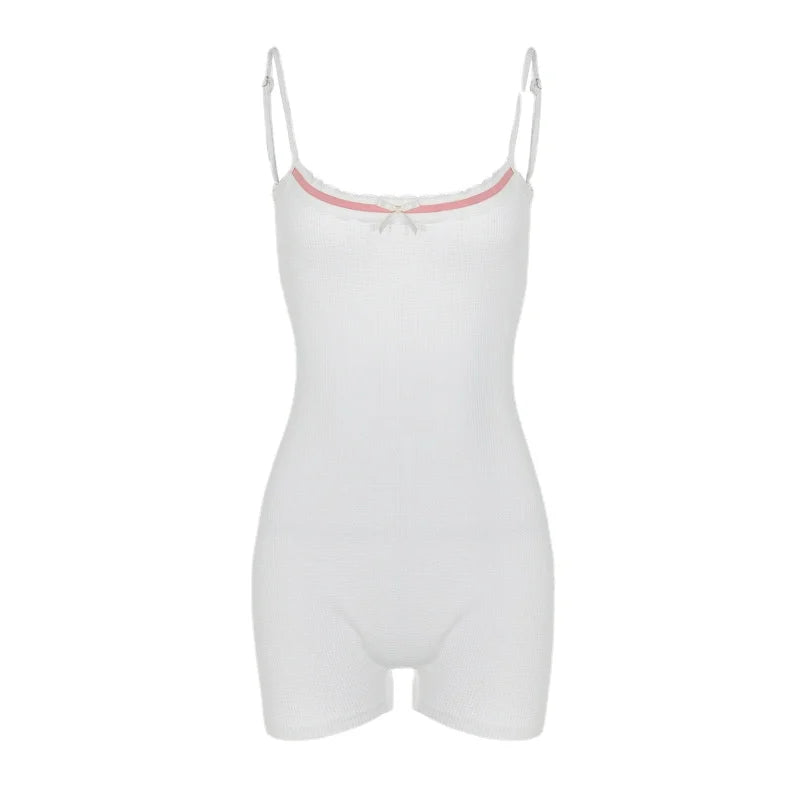 Pastel Gothic Playsuits Shorts Coquette Aesthetic Bodycon Kwaii Rompers White Bow Backless Ribbed Tops
