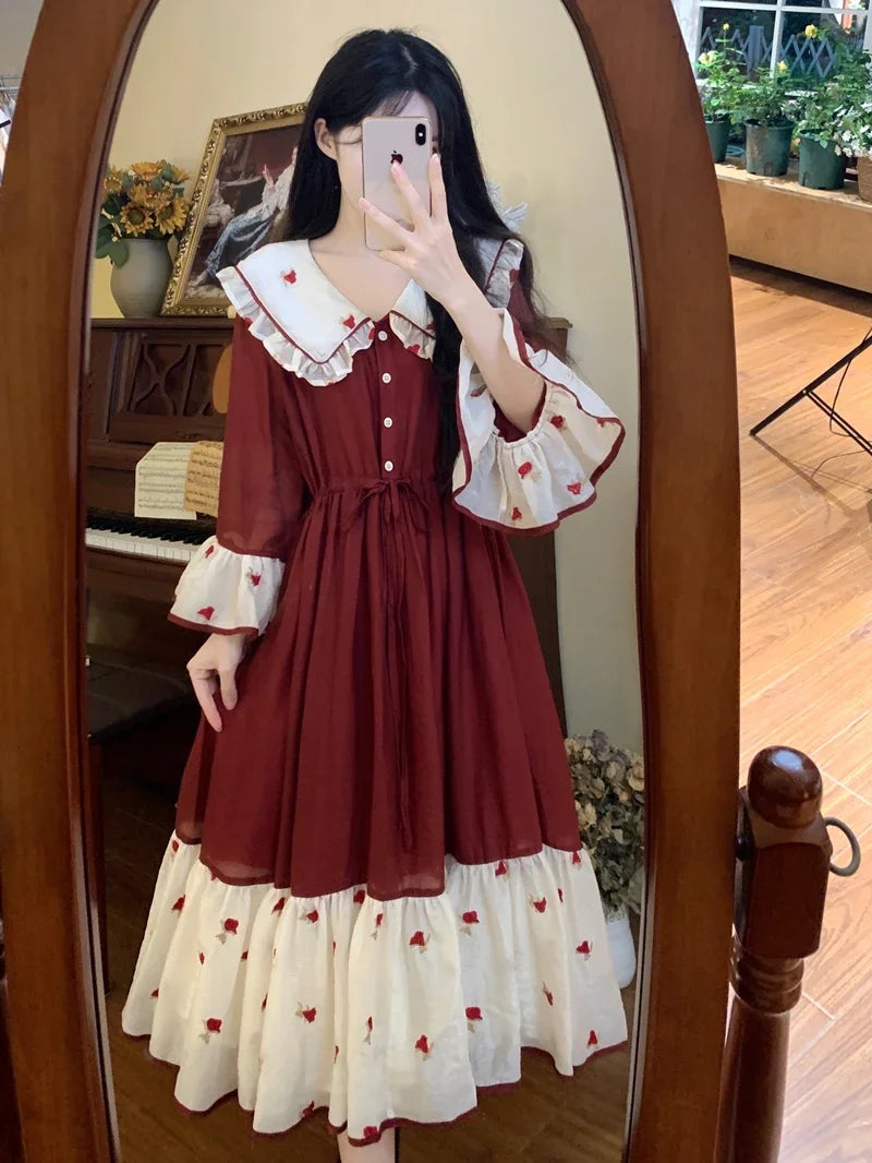 Heavy Industry Embroidery Splicing Contrasting Color Princess Dress Female Doll Collar College Style Sweet Long Dress for
