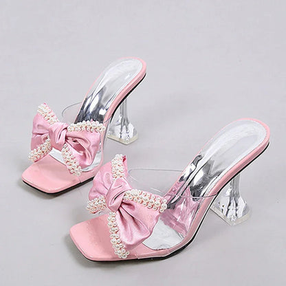 Pearl Bow Designer Slipper New Transparent Pvc High Heeled Sandals Non Slip Mule Shoes Pumps