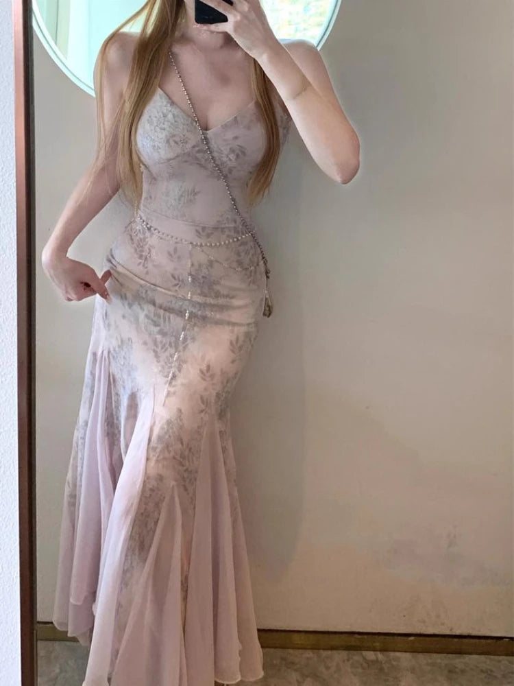 French Y2k Midi Dress Female Slim Lace Print Camisole Long Dress Sequin High Waist Dresses Even Party