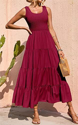 Dresses for Summer Sleeveless Color Long Dress Elastic Waist Beach Party Big Swing