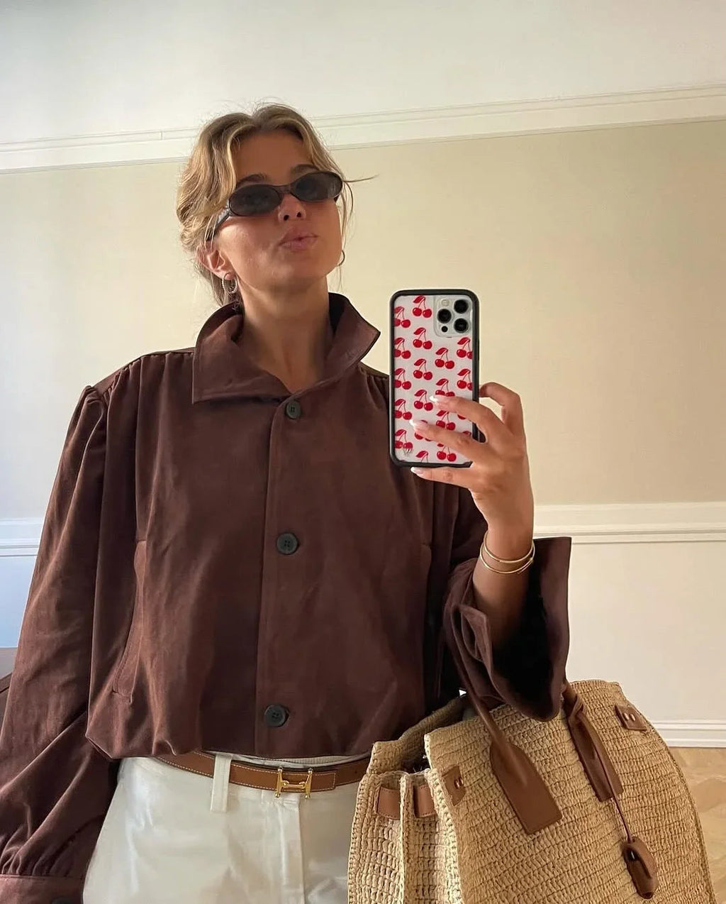 Retro Brown Suede Short Jacket Stand Collar Full Sleeves Single Breasteds Loose Coats Autumn Lady Street Wear