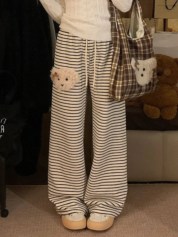 Stripe Dog Graphic Sweatpants Cutecore Cartoon Embroidery Wide Leg Straight Pants Korean Thick Warm Winter Bottoms