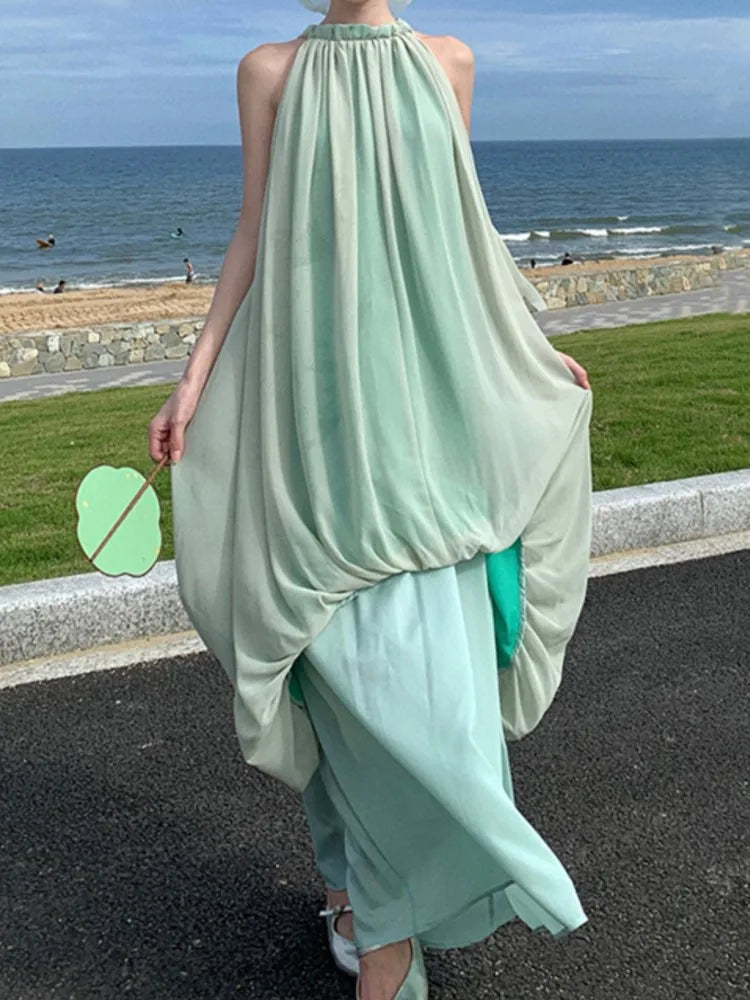 Sleeveless Summer Midi Dress Halter Loose Party Beach Holiday Vestidos Female Clothes New Robe
