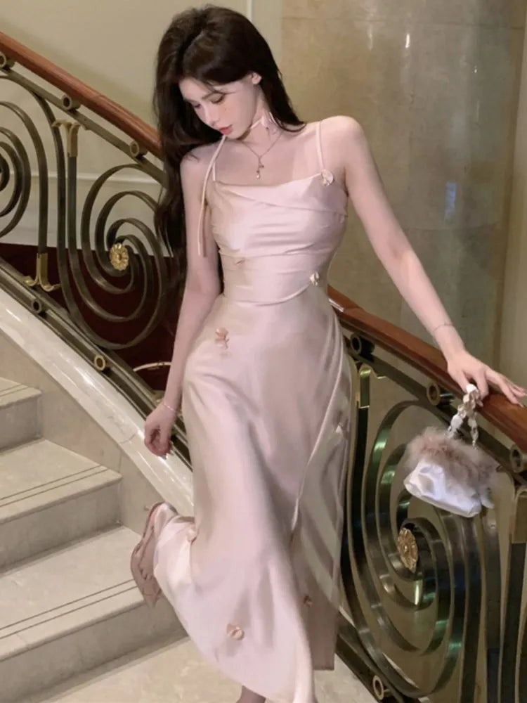 Satin Spaghetti Strap Party Dress Slim Birthday Evening Prom Midi Dress Female High Waist Split Vestidos New