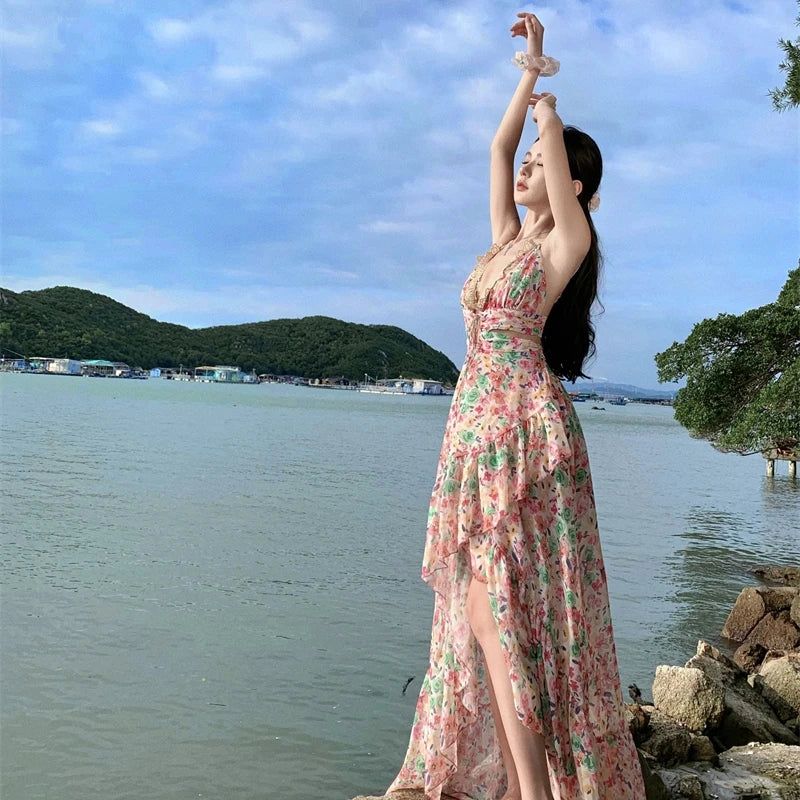 Sweet Hot Girl Pink Dress Spring/summer Holiday Backless Halter Aline Long Dress Female Clothes