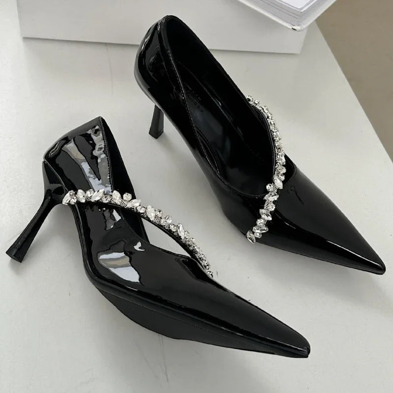 Rhinestone Chain Thin High Heels Pointed Toe Pumps Office Shoes Female Dress Shoes Zapatos De Mujer