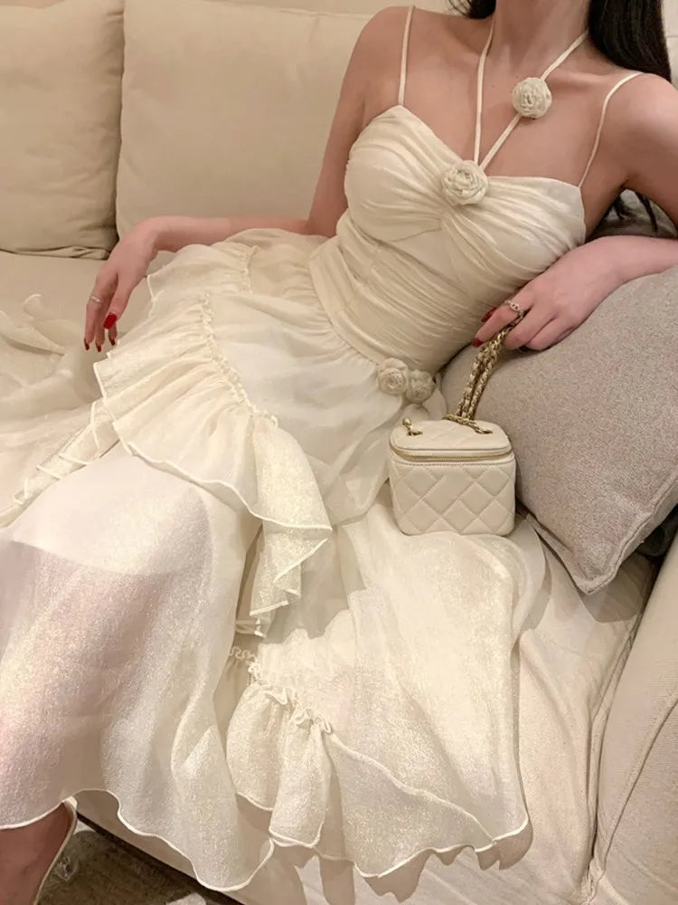 Ruffles Fairy Midi Dresses Summer Folds Birthday Evening Party Vestidos Korean Sweet Spaghetti Straps Dress