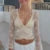 Deep V Neck Cross Wrap T-shirts Fairy Coquette Lace Sheer Blouses Tees Shirt Tie Up Cropped Tops Y2k Clothes