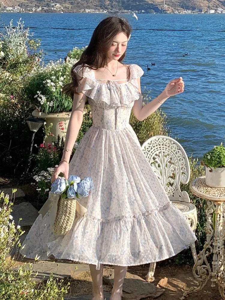 Princess Dresses Print Off Shoulder Slash Neck Fairy Birthday Party Midi Dress Beach Aline Vestidos New
